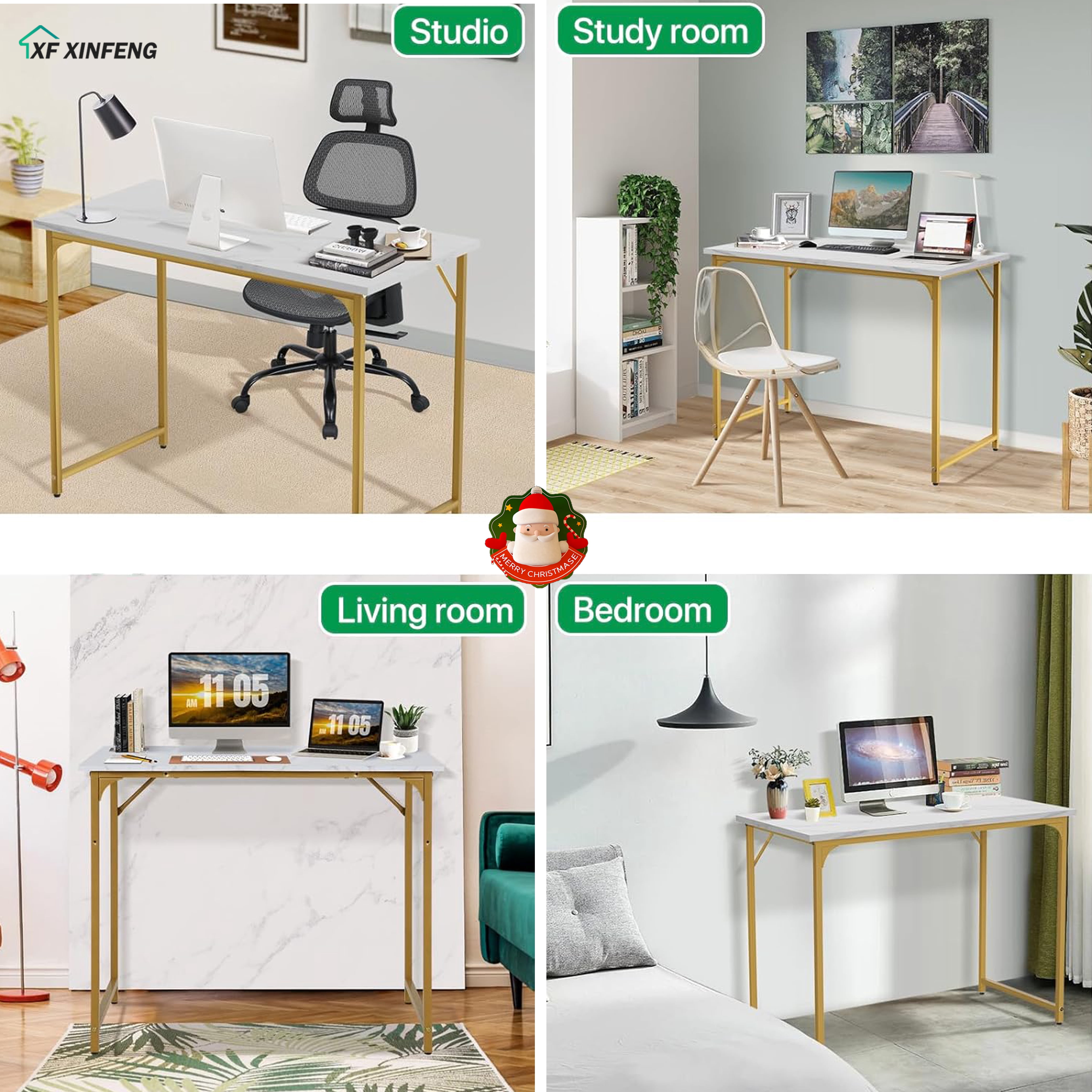 XF XINFENG 40 inch Computer Desk Modern Writing Simple Study Table, Industrial Sturdy Laptop Table for Home Office Floors , Adult Teen Child, White, Gold