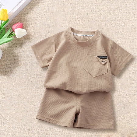 UACY Kids 2 Piece Waffle Outfit Set with Solid Color Crewneck Short Sleeve Tee and Shorts for Casual Summer Wear (Khaki 18-24 Months)