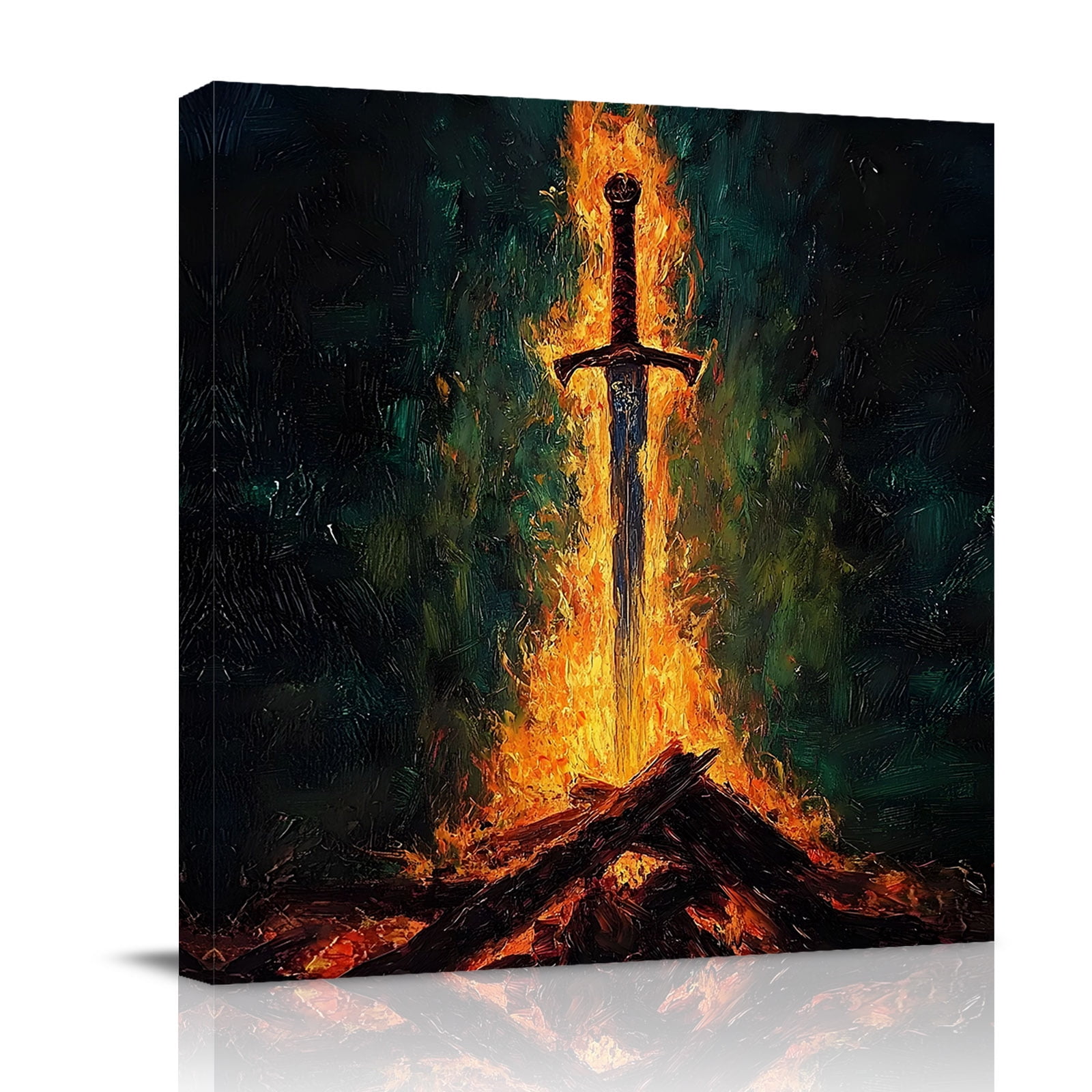 Canvas Wall Art Bonfire Sword Framed Canvas Prints for Bedroom Office Abstract Art Fantasy Vintage Burning Wood Large Gallery Wrapped Wall Decor for Home Office Gifts 16 x16 Ship Next Day