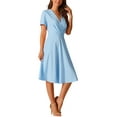 thumbnail image 3 of INSPIRE CHIC Women's Summer Wrap V Neck Puff Short Sleeve Midi Swing Dress with Pockets L Sky Blue, 3 of 5