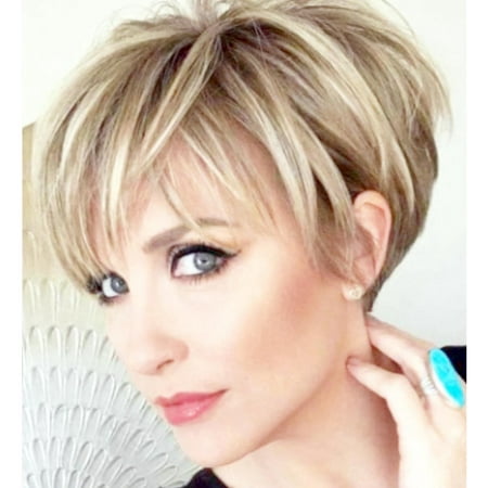 Creamily Blonde Wigs for Women Synthetic Layered Short Blonde Wigs Short Pixie Cut Wigs with Bangs Wefted Wig Caps