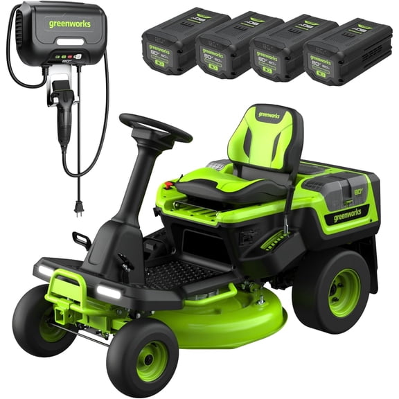 Greenworks 80V 30" Cordless Riding Lawn Tractor, (4) 6.0Ah Batteries and 600W Charger