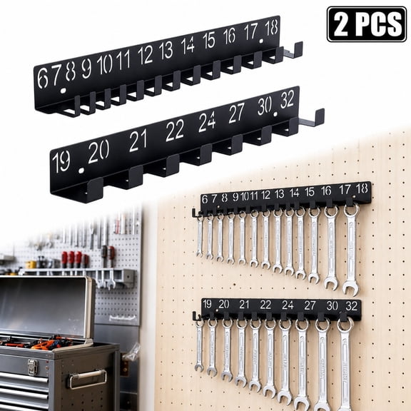 Wrench Organizer Wall Mounted, Garage Tool Holder Rack with Hooks for Wrenches 6-32mm, Workshop Storage Organizer, 2 Set