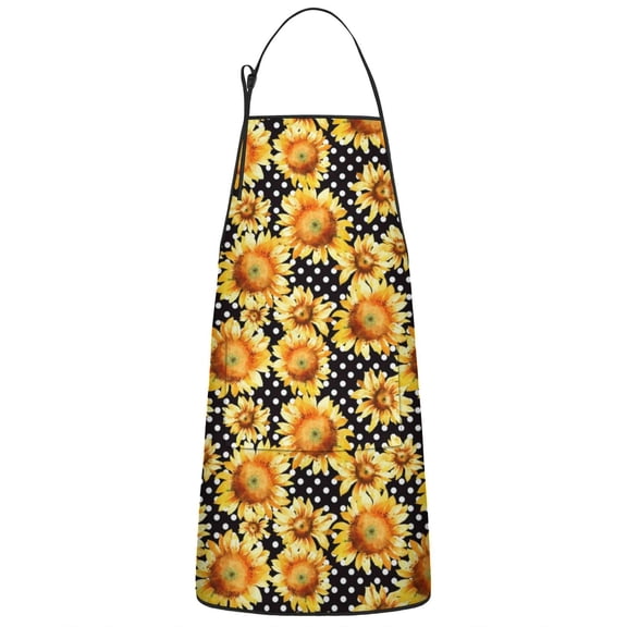 Black Polka Dot Sunflower Pattern Apron-Garden Aprons for Women with Pockets-Cotton Linen Waterproof Kitchen Cooking Gardening Aprons Adjustable for Kitchen,Cooking,BBQ and Salon 33x27 Inch