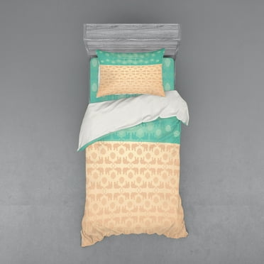 Ambesonne Ethnic Bedding Set 3 Pcs, and Lotus Motifs, Twin, Turquoise and Coral