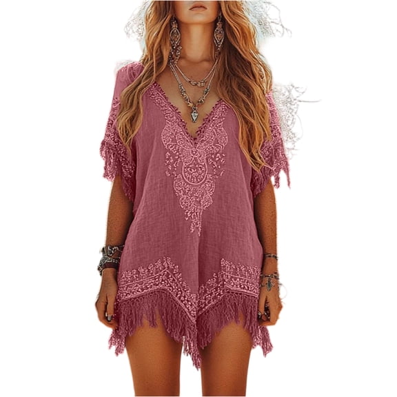 CIENVNSTG Fashion Printed Tassel Ethnic Retro Mini Dresses Vintage Women Sexy Deep V Holiday Dress Pink M