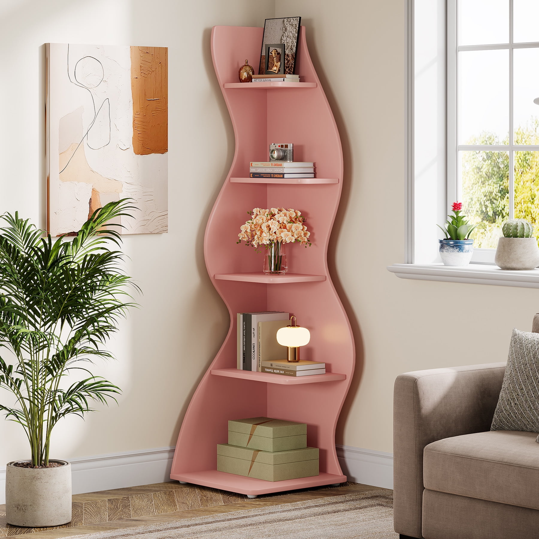 Costway 6-Tier Corner Shelf- Storage Rack Cabinet, Wood Rustic