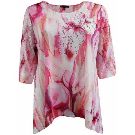 Asymmetrical Rhinestone (Women's Plus Size Rhinestones Asymmetrical Fashion Blouse Tee Shirt Knit Top Pink Combo 1X G170.16L BNY)