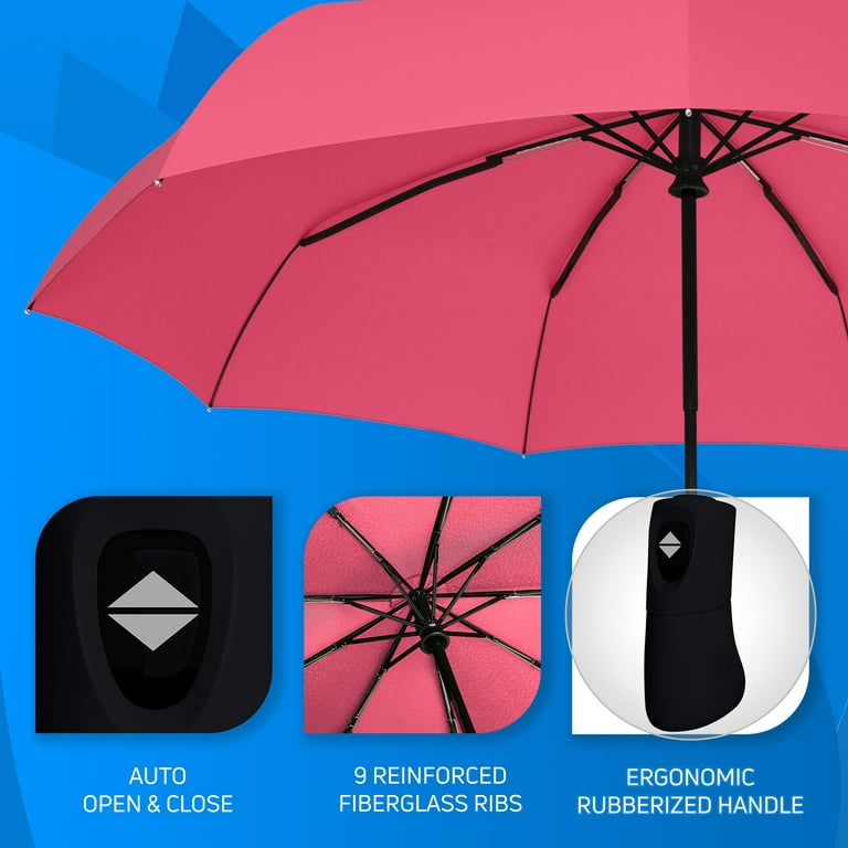 Rain-Mate Compact Umbrella Auto Open and Close Button w/ 9 Rib