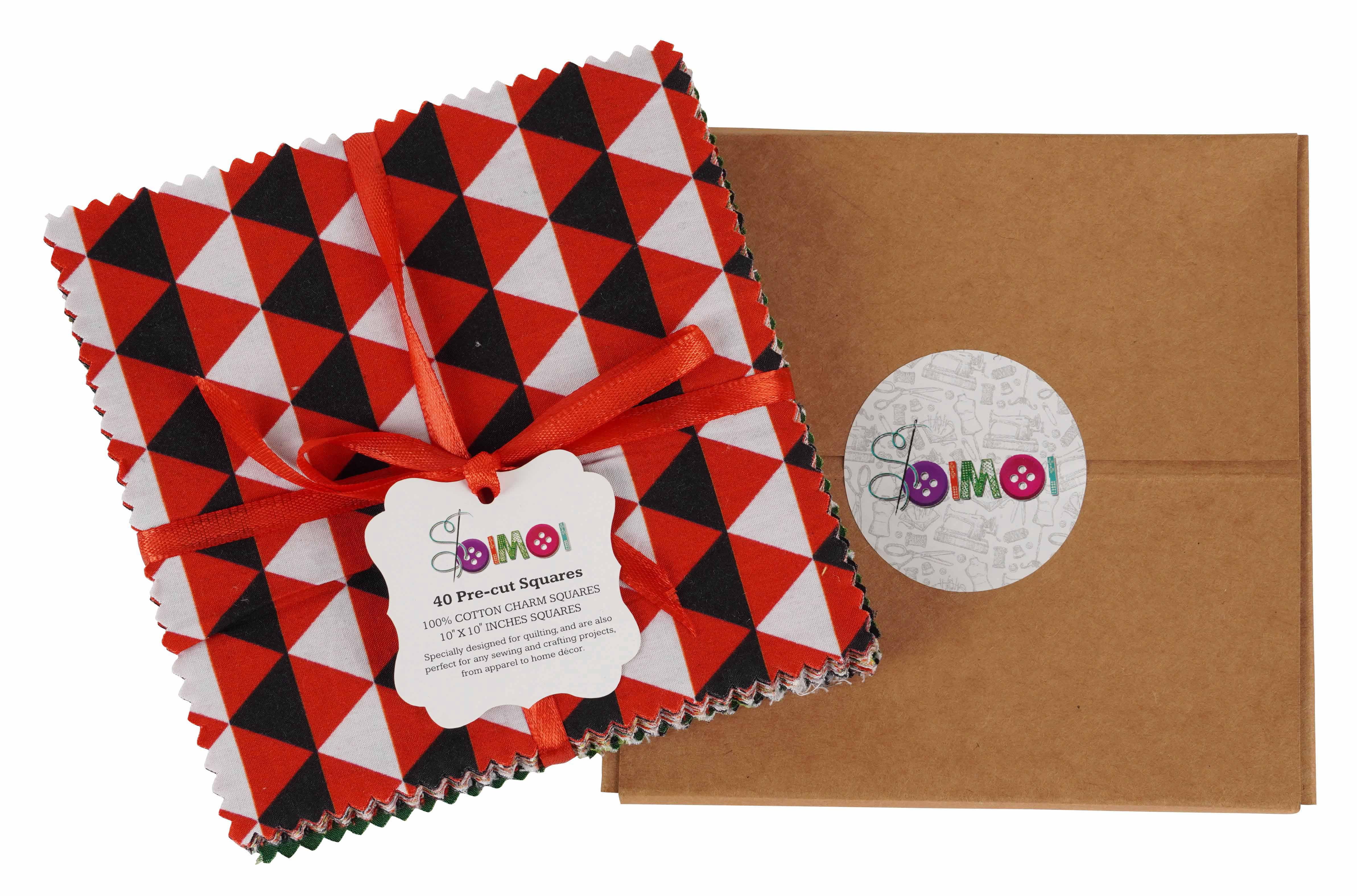 Soimoi Christmas Theme Print Precut 10-inch Cotton Fabric Quilting Squares Charm Pack DIY Patchwork Sewing Craft