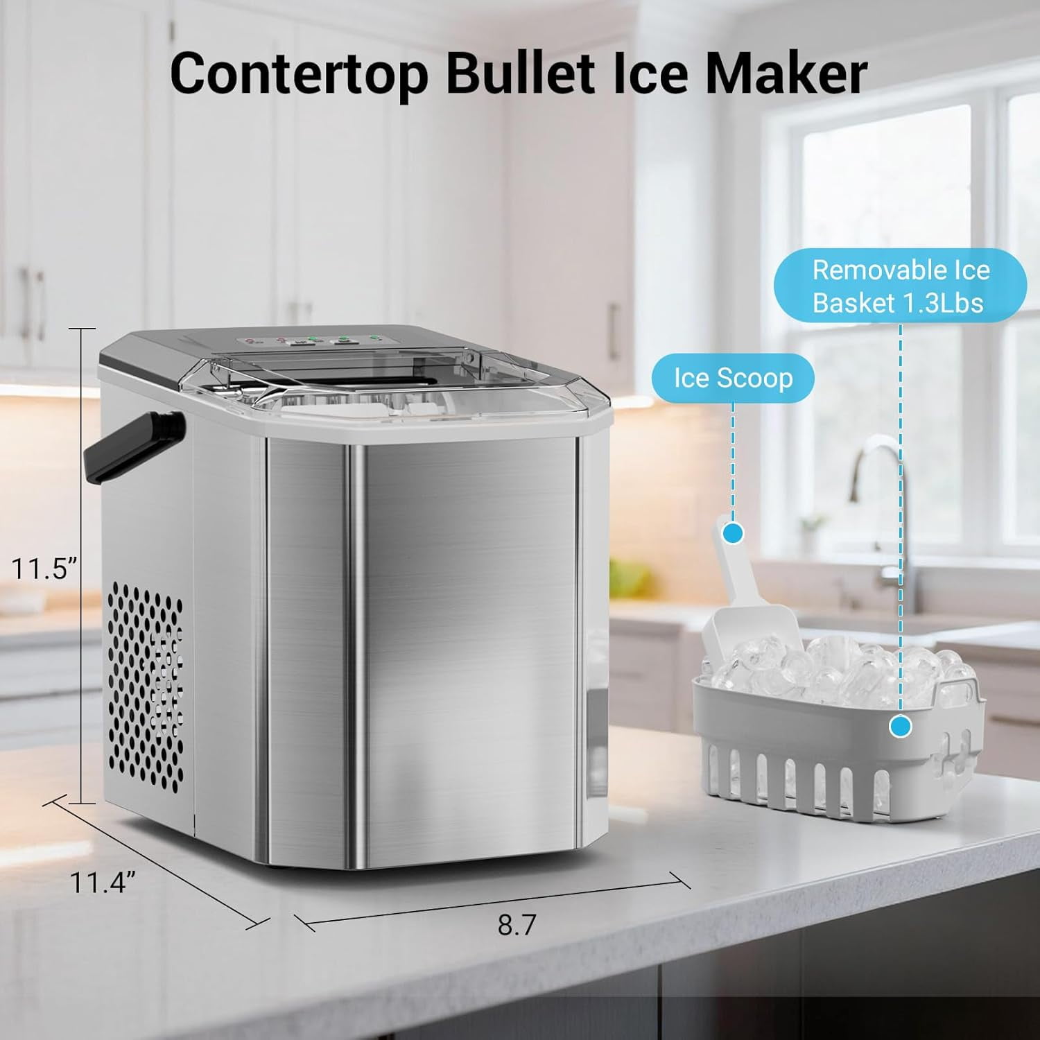 XUTUMM Portable Ice Maker Machine with WiFi, 2 Ice Sizes, Makes 9 Cubes in 6 Mins, 28 lbs per Day, Self-Cleaning Function, Includes Ice Scoop & Basket for Home, Kitchen