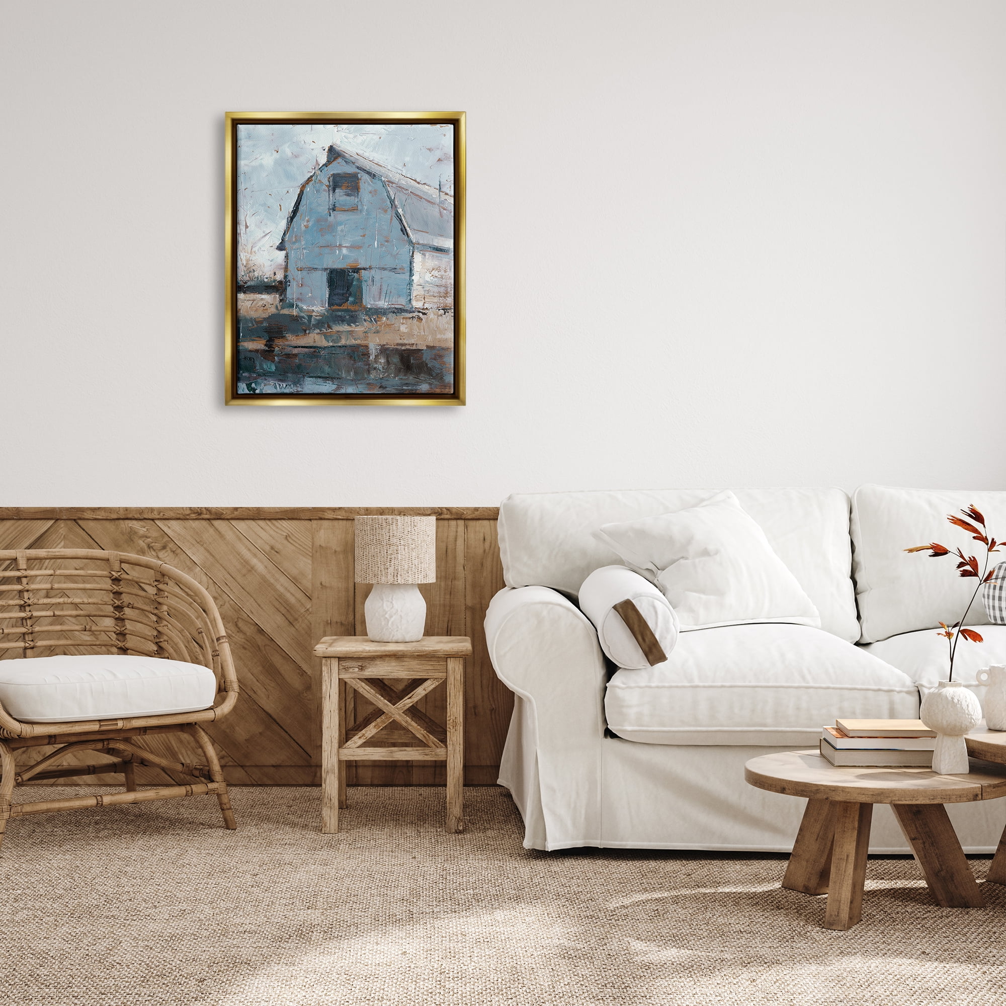 Stupell Industries Abstract Distressed White Barn Farm Architecture Metallic Gold Framed Floating Canvas Wall Art, 24x30, by Ethan Harper