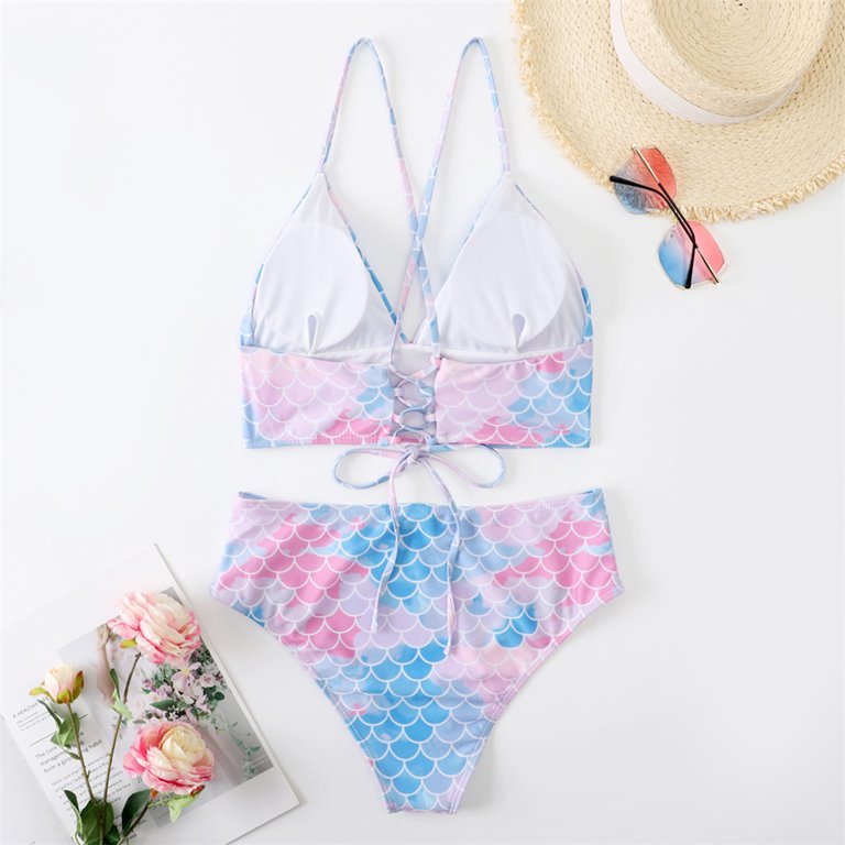 Tween Girl Fish Scales Frill Trim Halter Triangle Bikini Swimsuit