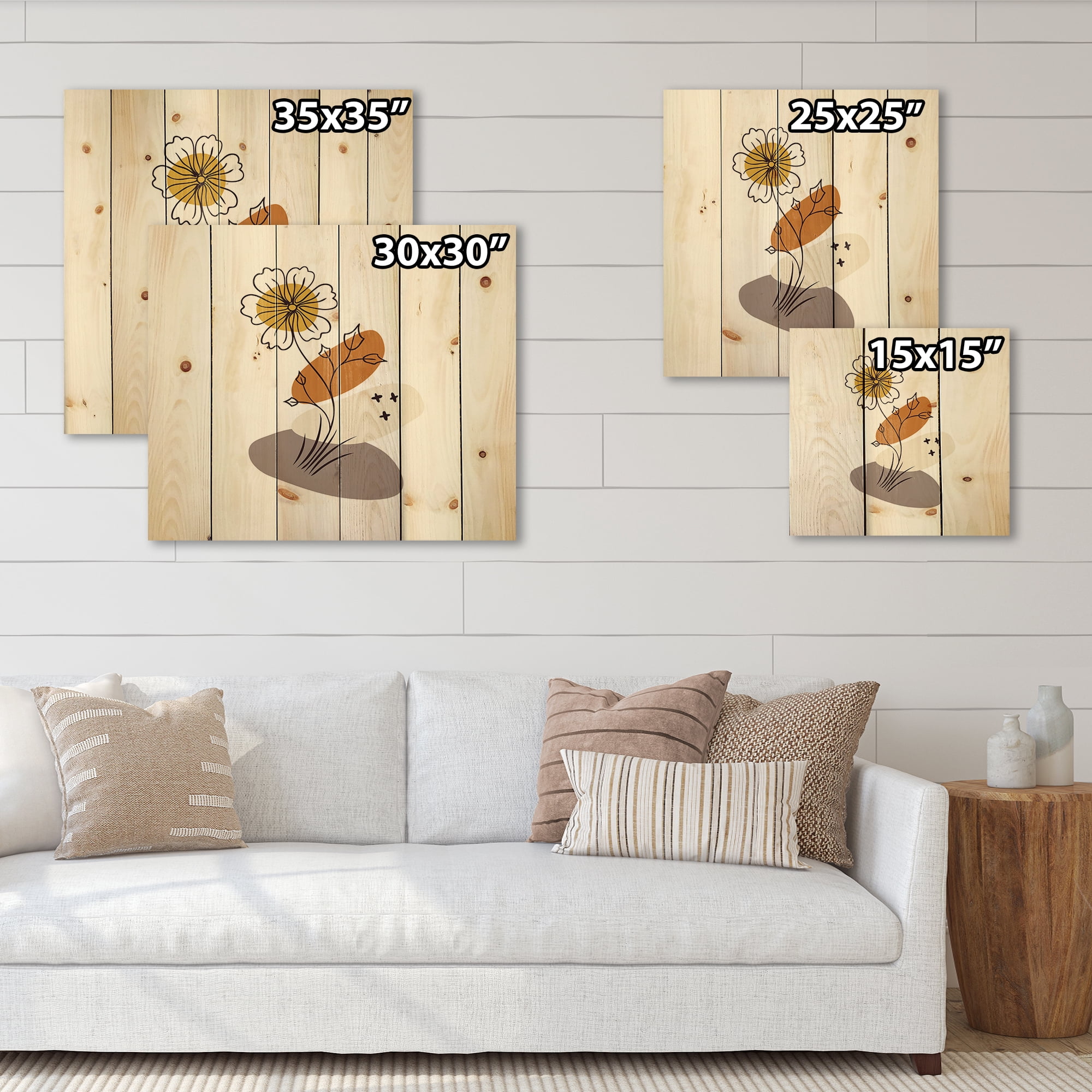 Designart 'Abstract Minimal Shapes Under Flowers I' Modern Print on Natural Pine Wood