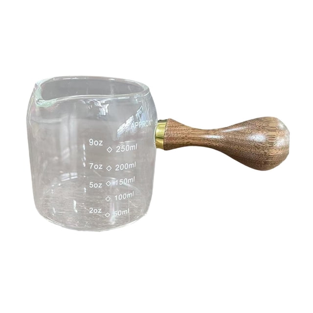 Taza de vidrio para espresso con pico y mango de madera, taza medidora de concentración portátil 250 ml
