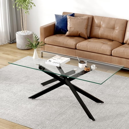 Glass Coffee Table for Living Room, Clear Coffee Table with Tempered Glass Top&Metal Leg, Modern Coffee Table for Home Office. (Black, 47.2 inch)