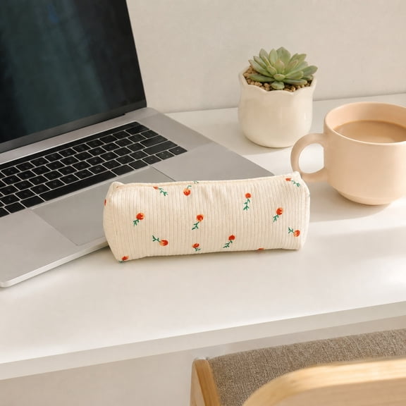 Cute Corduroy Pencil Case Pouches with Zipper, Large Flower Printing Pen Bag Stationery Marker Organizer, Pencil Case Dispenser for Classroom School Crayon Box