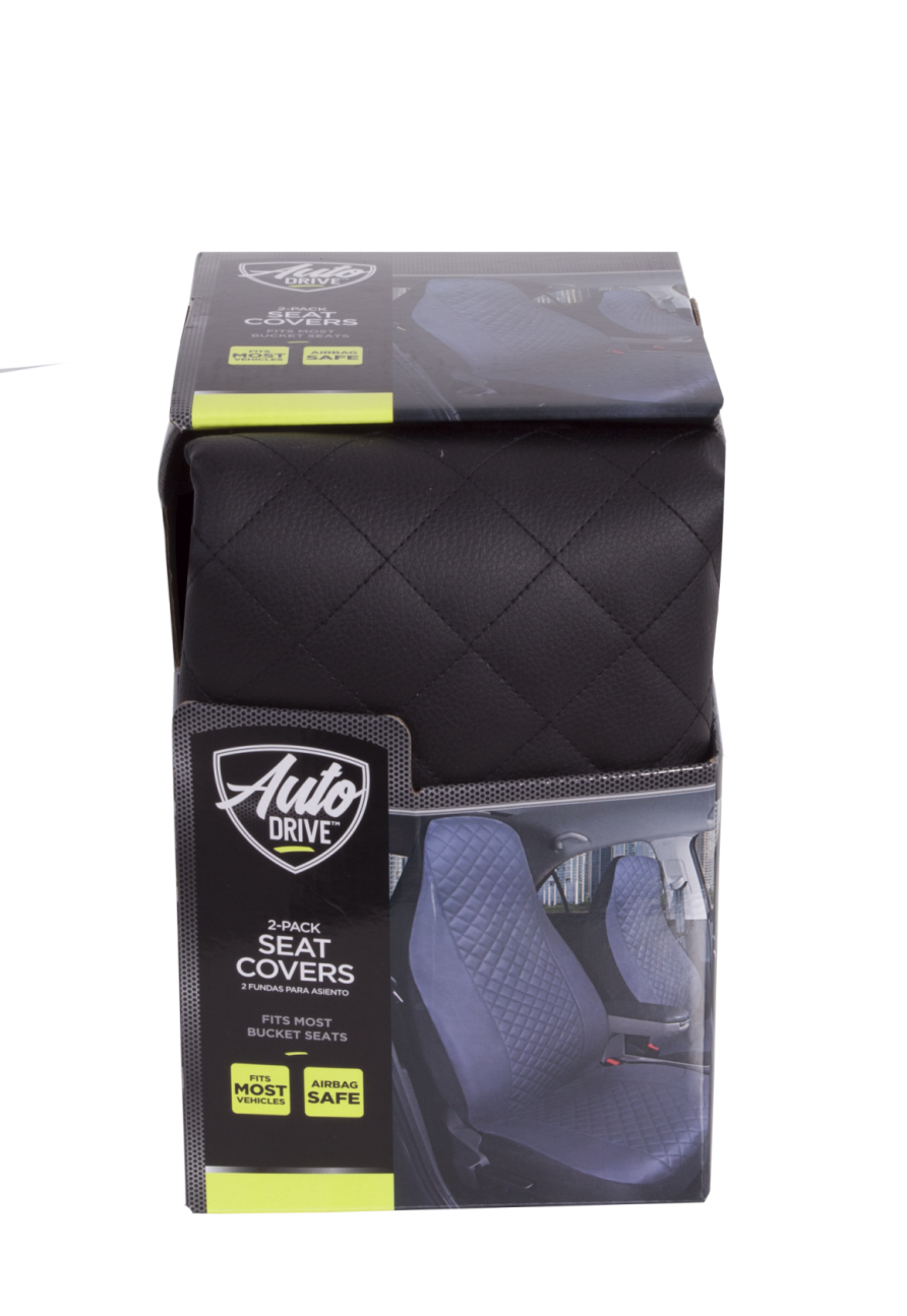 AUTO DRIVE 2PIECE HIGH BACK CAR SEAT COVERS PU LEATHER QUILTED BLACK – UNIVERSAL FIT, SC0985
