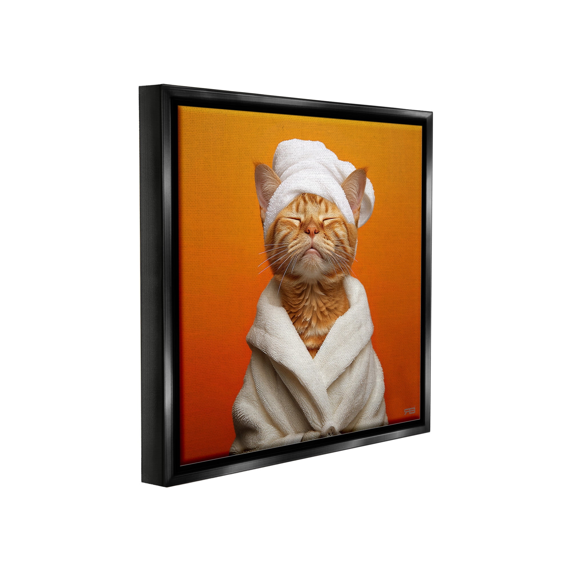 Stupell Industries Cat in Bathrobe Animals & Insects Painting Black Floater Framed Canvas Art Print Wall Art, 25 x 25