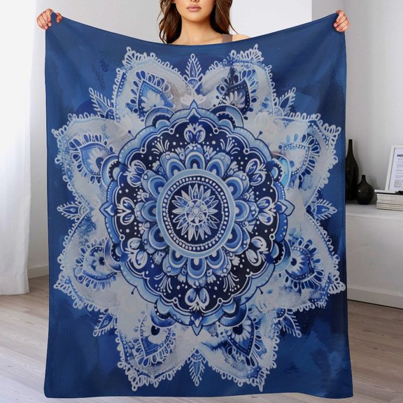 Blue White Boho Mandala Throw Blanket for Bed Sofa Couch 50"x60" Abstract Mandala Flowers Plush And Warm Fleece Blanket Novelty Unique Ideas Gifts Blankets Flannel Blanket for Living Room
