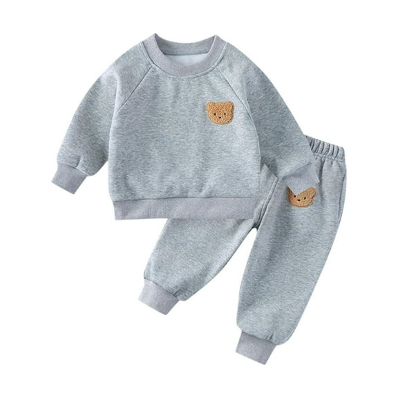 Comfy Sets CloCozyg For Boys Girls Long Sleeve Round Neck With Embroidered Teddy Bear Cute Comfortable Warm Sports Set Two-piece Set, Gray 1 Years