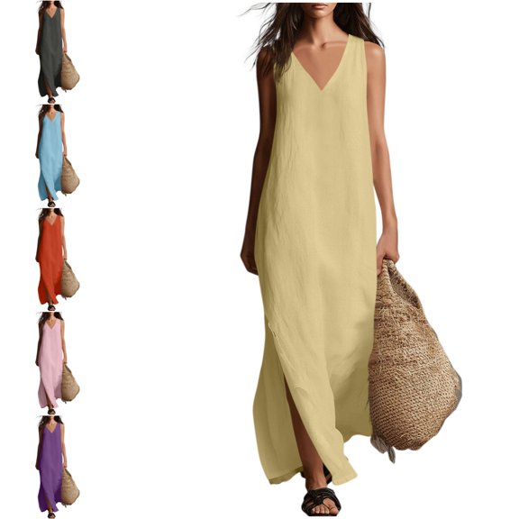 Levmjia Women's Summer Sleeveless Dress V Neck Cotton Linen Maxi Dress with Side Pockets Casual Loose Fit A Line Side Slit Solid Color Beach Vacation Daily Sundress