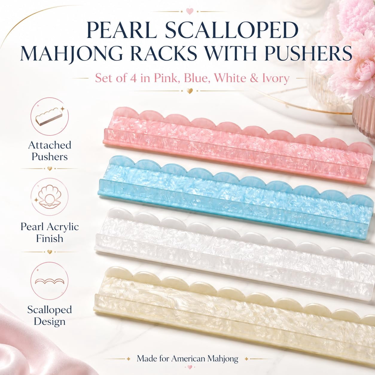 Pearl Scalloped Mahjong Racks with Magnetic Pushers 17.5''/20'', Tortoise Mahjong Rack & Pusher Set of 4