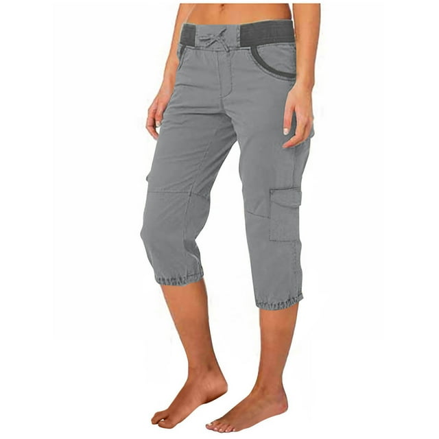 Mgmyaa Pantalons Cargo Décontractés pour Femmes, Couleur Unie, Taille Mi-Haute, Pantalons Raccourcis avec Poignets Rétractables