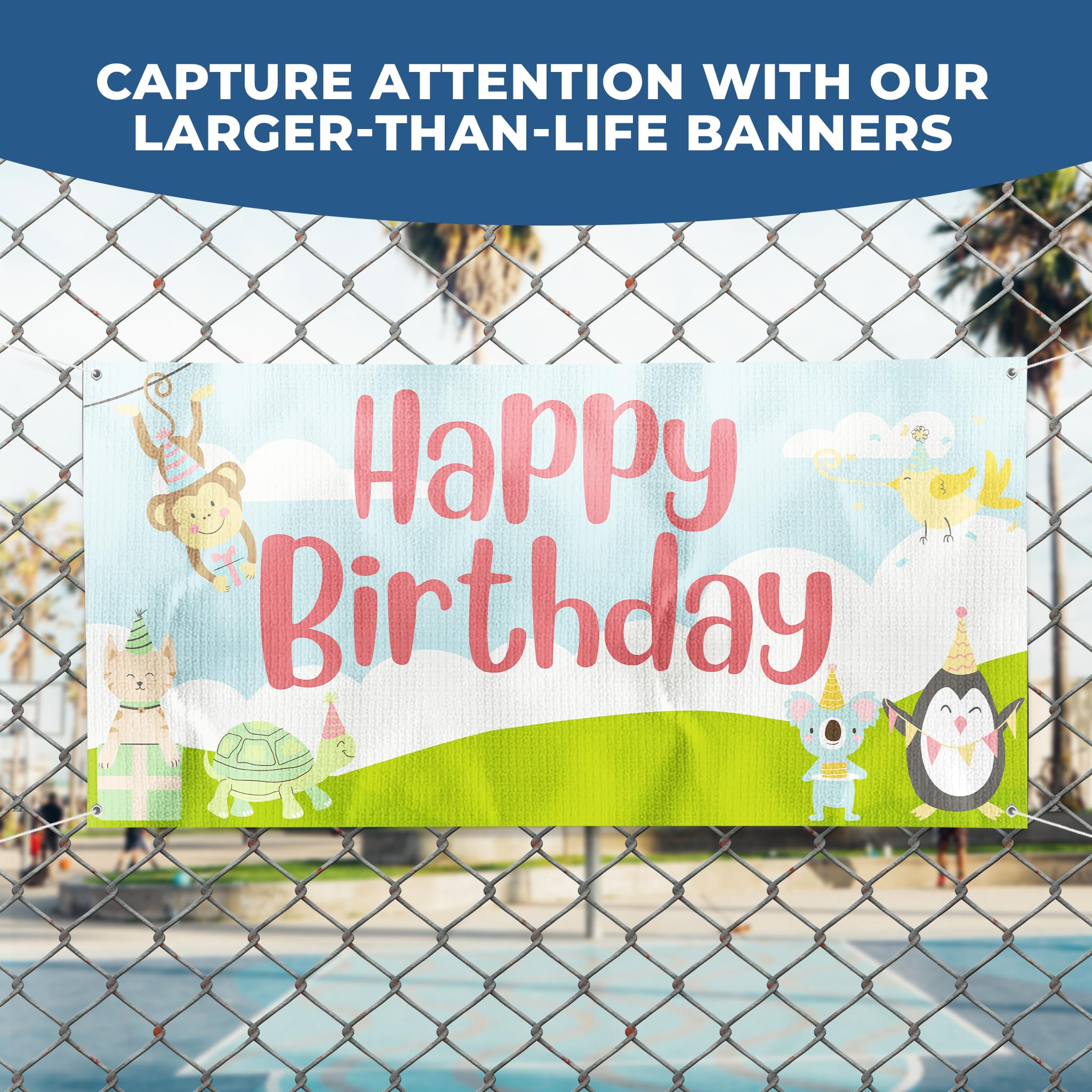Happy Birthday Banner Sign For Outdoor-Indoor Use 4x2 Ft Large Custom Banner and Signs with Hanging Rope Happy Birthday Backdrop for Party Decor Oxford Cloth Sublimation Banner for Easy Hang