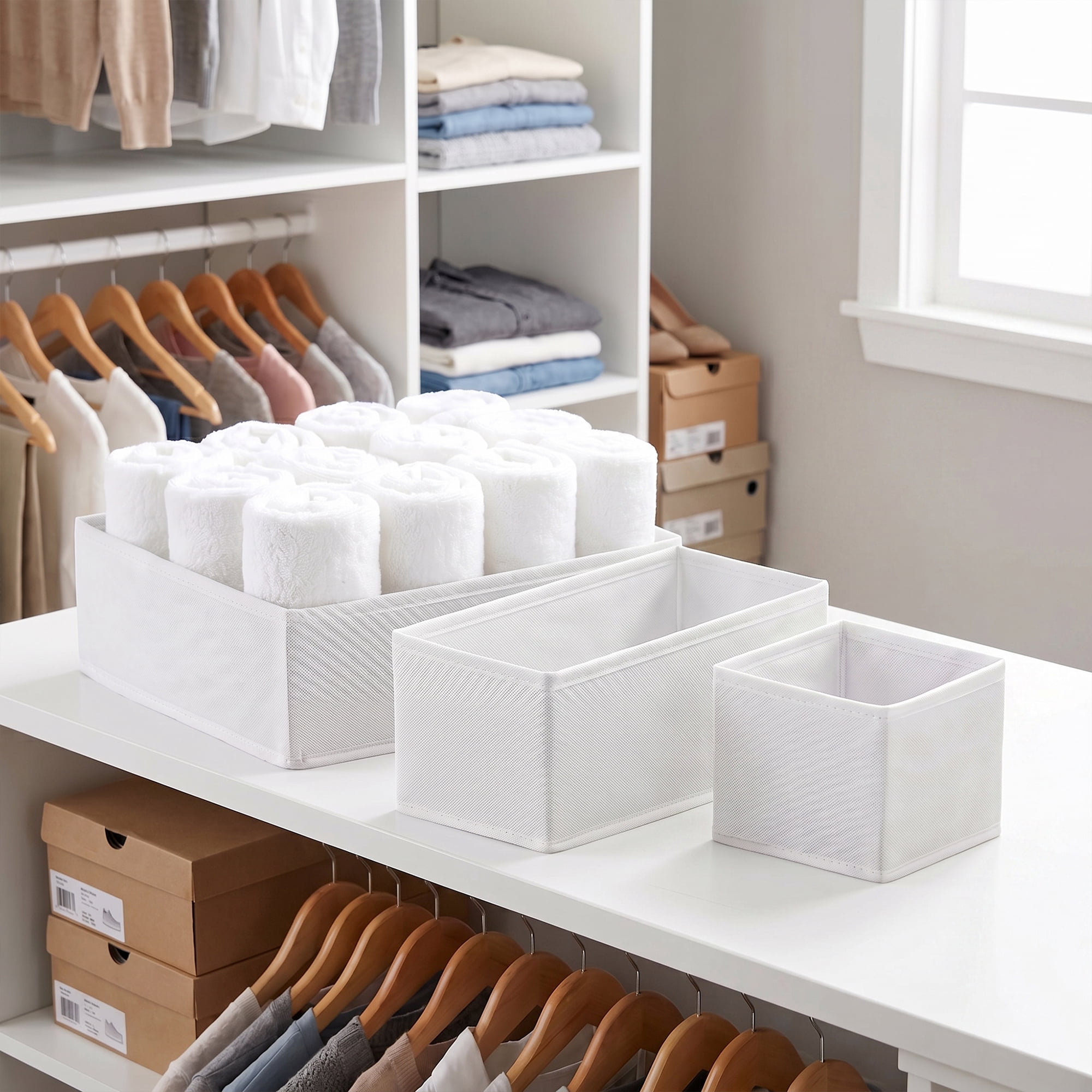 Unique Bargains Collapsible Storage Bin with Zipper for Shelves Closet White 3PCS