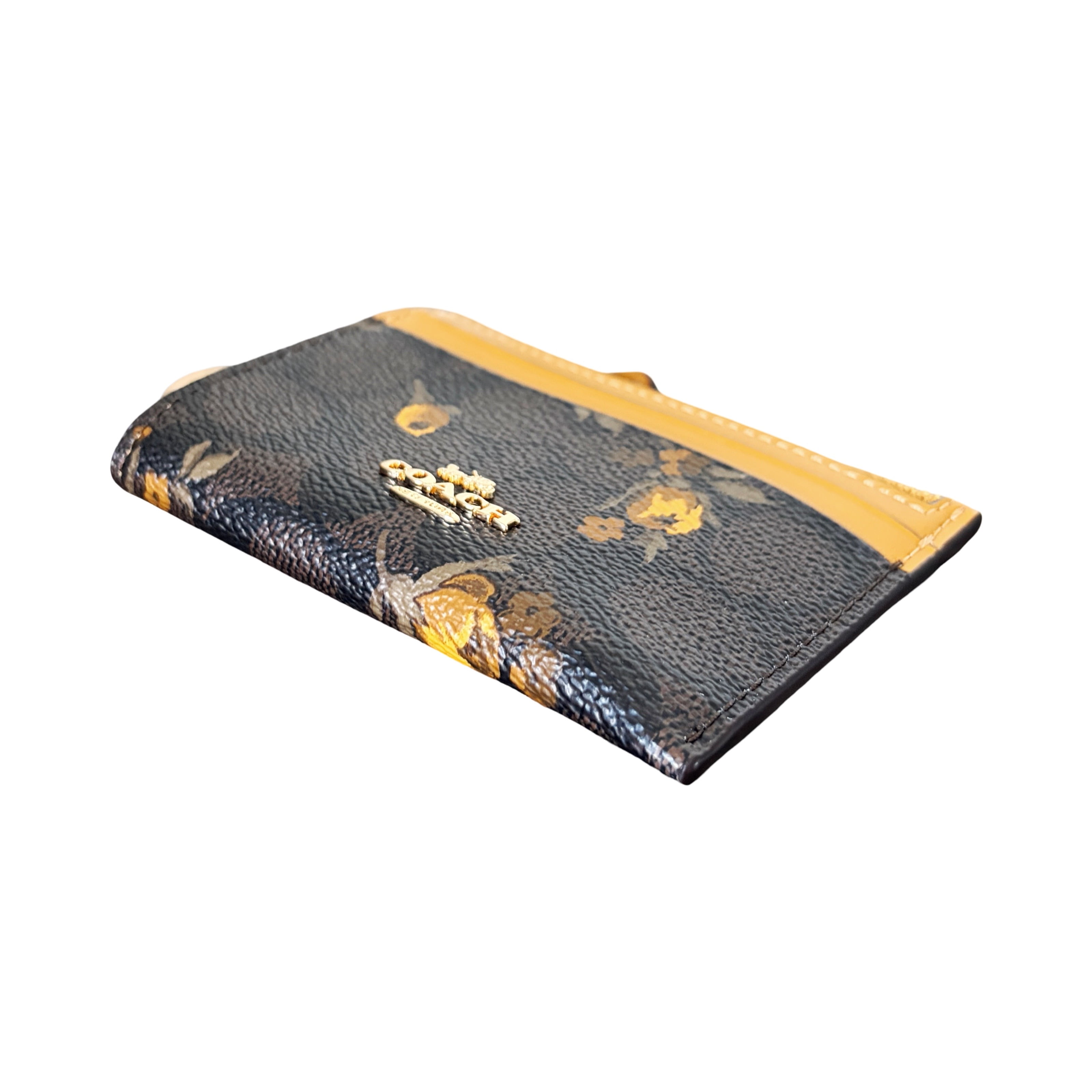 Coach Women's Mini Skinny ID Card Case With Key Ring In Signature Canvas With Floral Print (Walnut/Yellow)