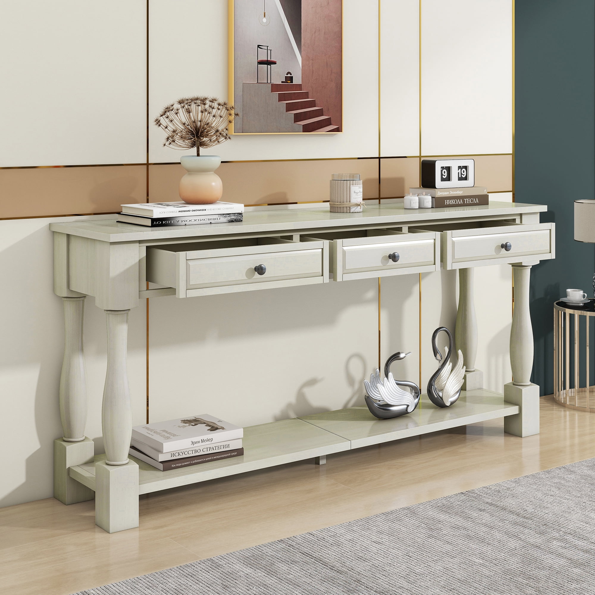 EUROCO 63" Console Table Sofa Table, Solid Wood Console Table with 3 Drawers and Bottom Shelf for for Entryway, Hallway, Living Room, Antique White