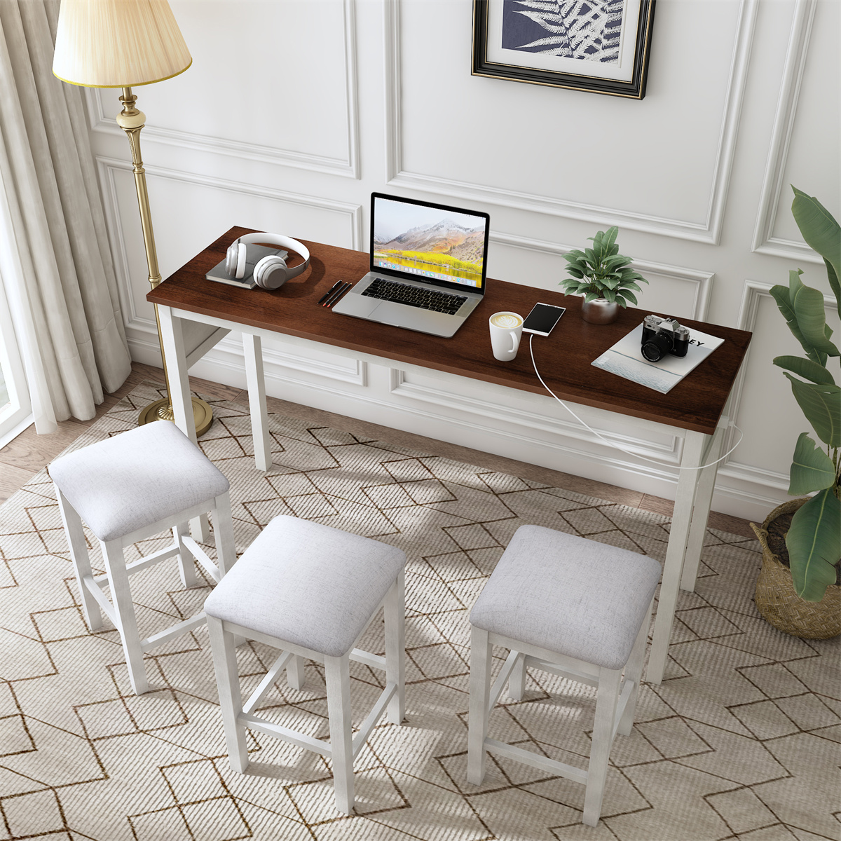 4 Pieces Counter Height Table Set with USB Interface and Power Socket ...