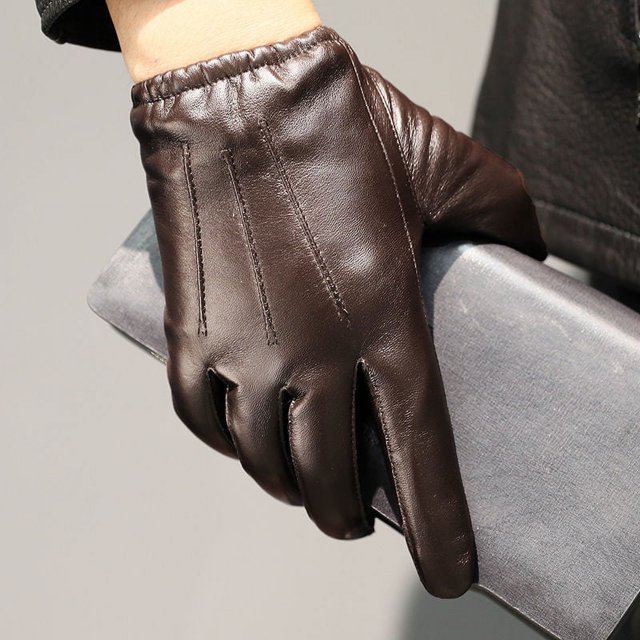 Guantes de cuero para hombre, otoño e invierno, terciopelo grueso, cálido, para conducir, motocicleta, pantalla táctil, guantes de piel de oveja superior