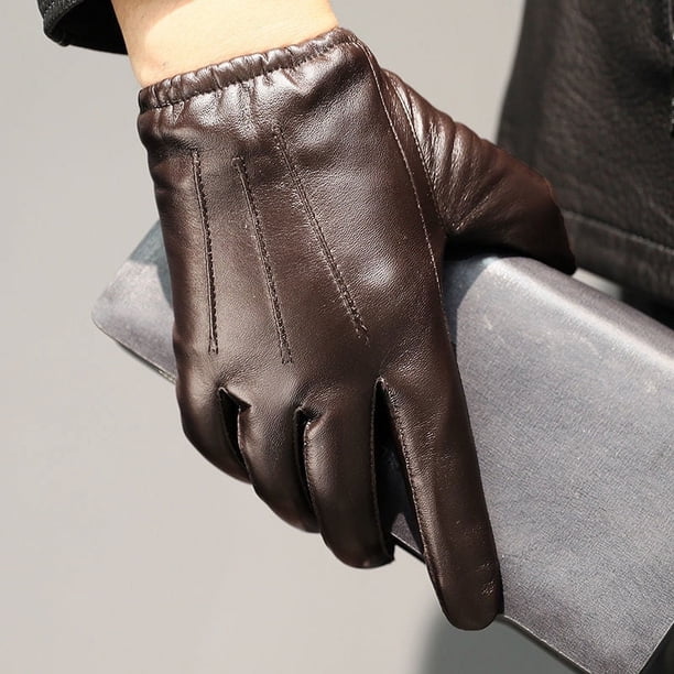 Guantes de cuero para hombre, otoño e invierno, terciopelo grueso, cálido, para conducir, motocicleta, pantalla táctil, guantes de piel de oveja superior