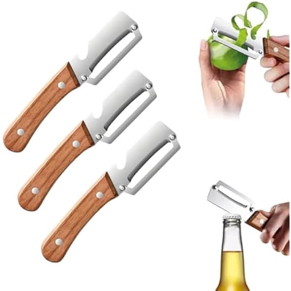 Multi-Functional Vegetable Peeler for Kitchen, Multi Functional Peelers with Wooden Handle and Bottle, Ultra-Sharp Stainless Steel Blade & Ergonomic Wood Handle for Fruit Veggie Pumpkin (3*PCS)