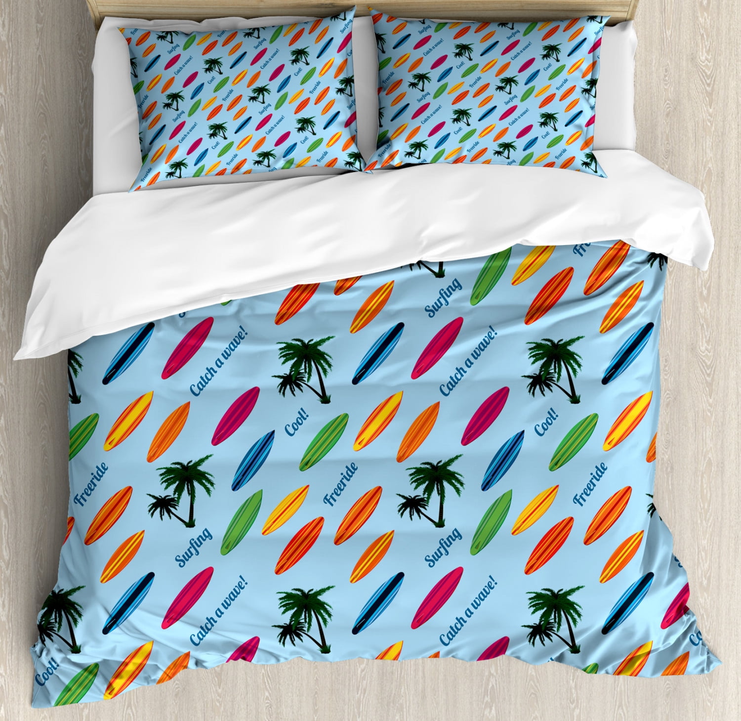 Surfboard Duvet Cover Set King Size, Exotic Hawaii Vacation Palm Trees