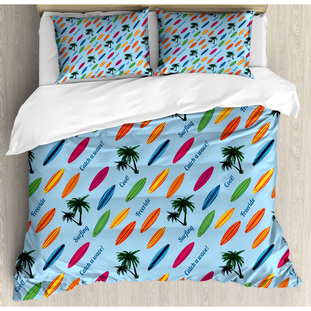 Surfboard Duvet Cover Set, Exotic Hawaii Vacation Palm Trees and