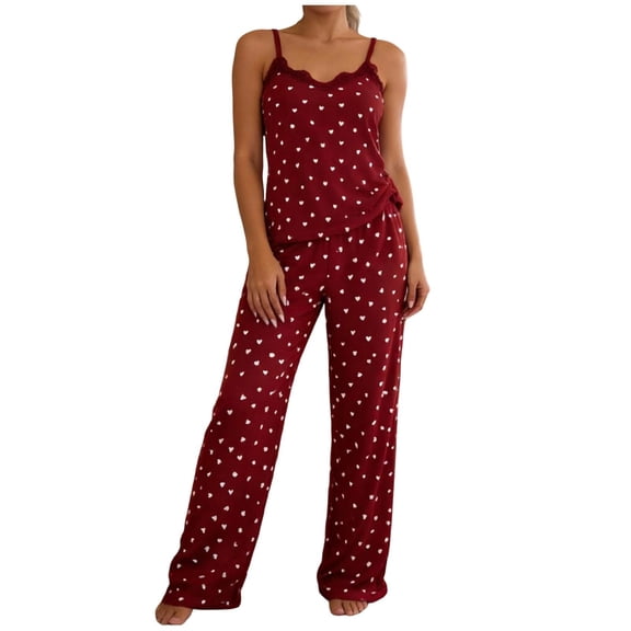 QINGFSAP Womens Heart Print Lounge Set Lace Trim Spaghetti Strap Top and Long Pants Sleepwear