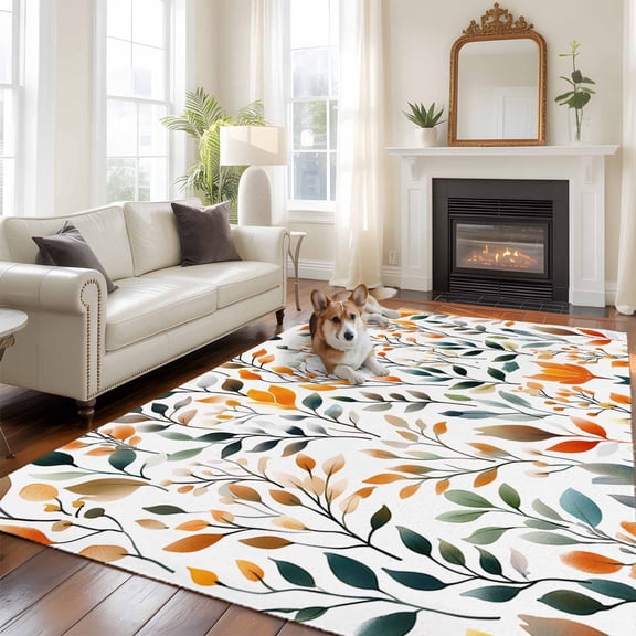 6'x9' Area Rugs, Green Orange Leaves Indoor Outdoor Area Rug for Living Room Bedroom, Spring Garden Botanical Washable Bathroom Rugs Kitchen Floor Carpet Mats Home Decor Aesthetic