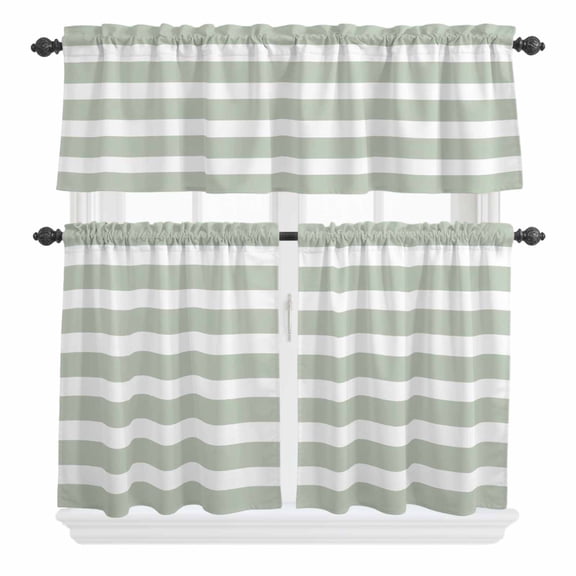 3 Piece Kitchen Curtains and Valances Set Sage Green Stripe Cafe Curtains 24 Inch Length Modern Simple Geometric White Striped Valance & Tier Curtain for Living Room Bedroom Window 54"x18" 27"x24"*2