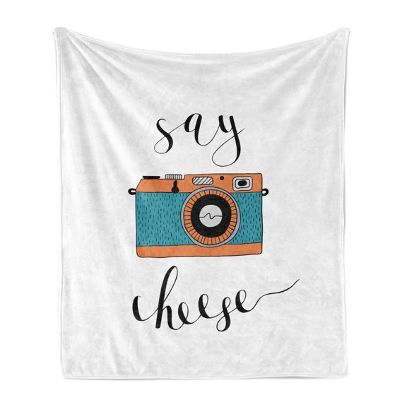 Camera Soft Flannel Fleece Throw Blanket, Say Cheese Lettering with Retro Machine Warm Memories Old Days Graphic, Cozy Plush for Indoor and Outdoor Use, 50" x 60", Teal White Black, by Ambesonne