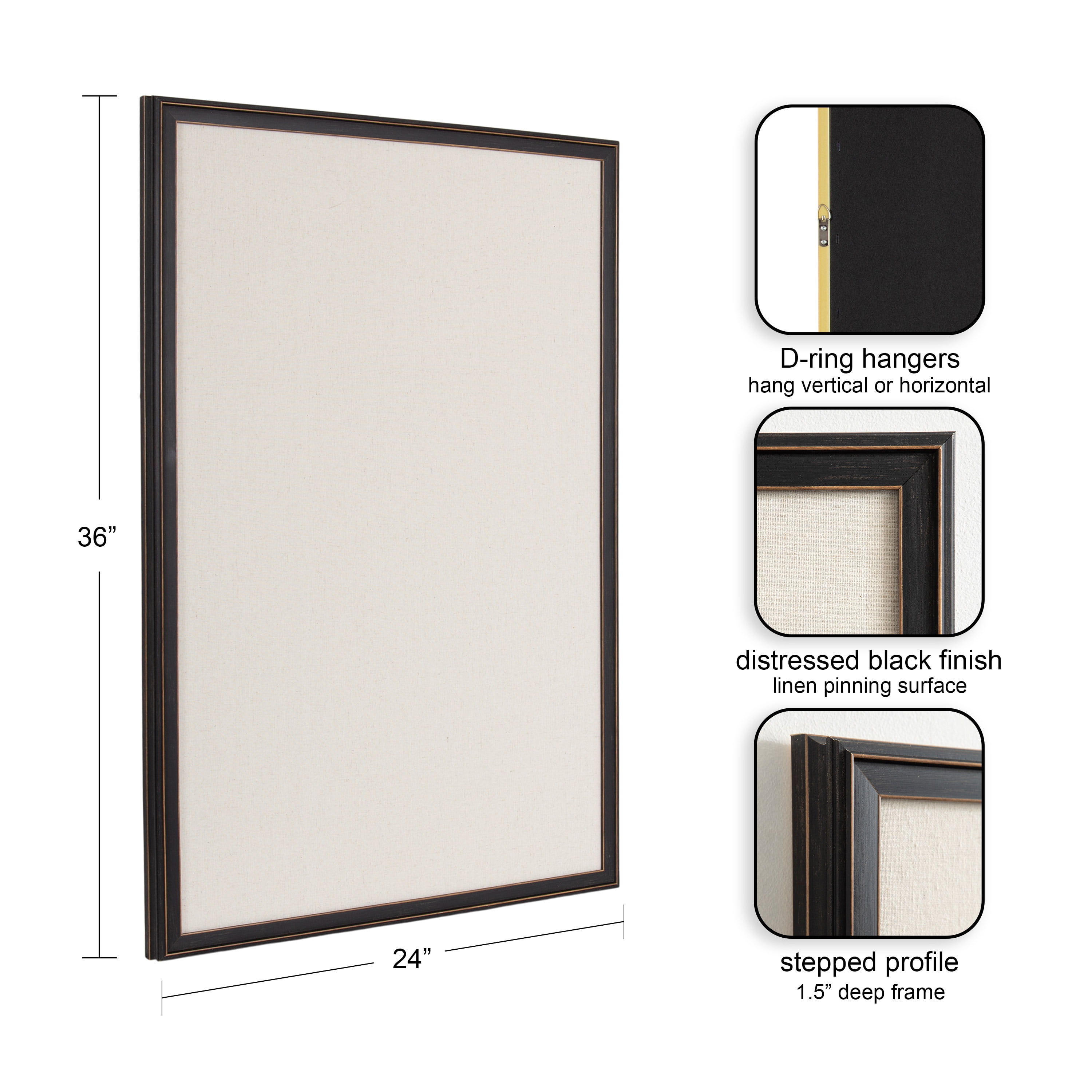 Kate and Laurel Oakhurst Rectangle Framed Linen Fabric Pinboard, 24 x 36, Distressed Black, Traditional Decorative Bulletin Board with Stepped Profile and Lightly Distressed Finish