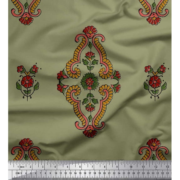 Soimoi Green Poly Georgette Fabric Leaves & Floral Block Print Fabric by the Yard 42 Inch Wide