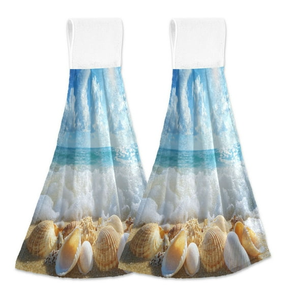 BZSMCE Hanging Hand Towels Fashion Seashells on Sandy Beach Pattern 2-Pack - Velcro Style Bathroom Kitchen Towels