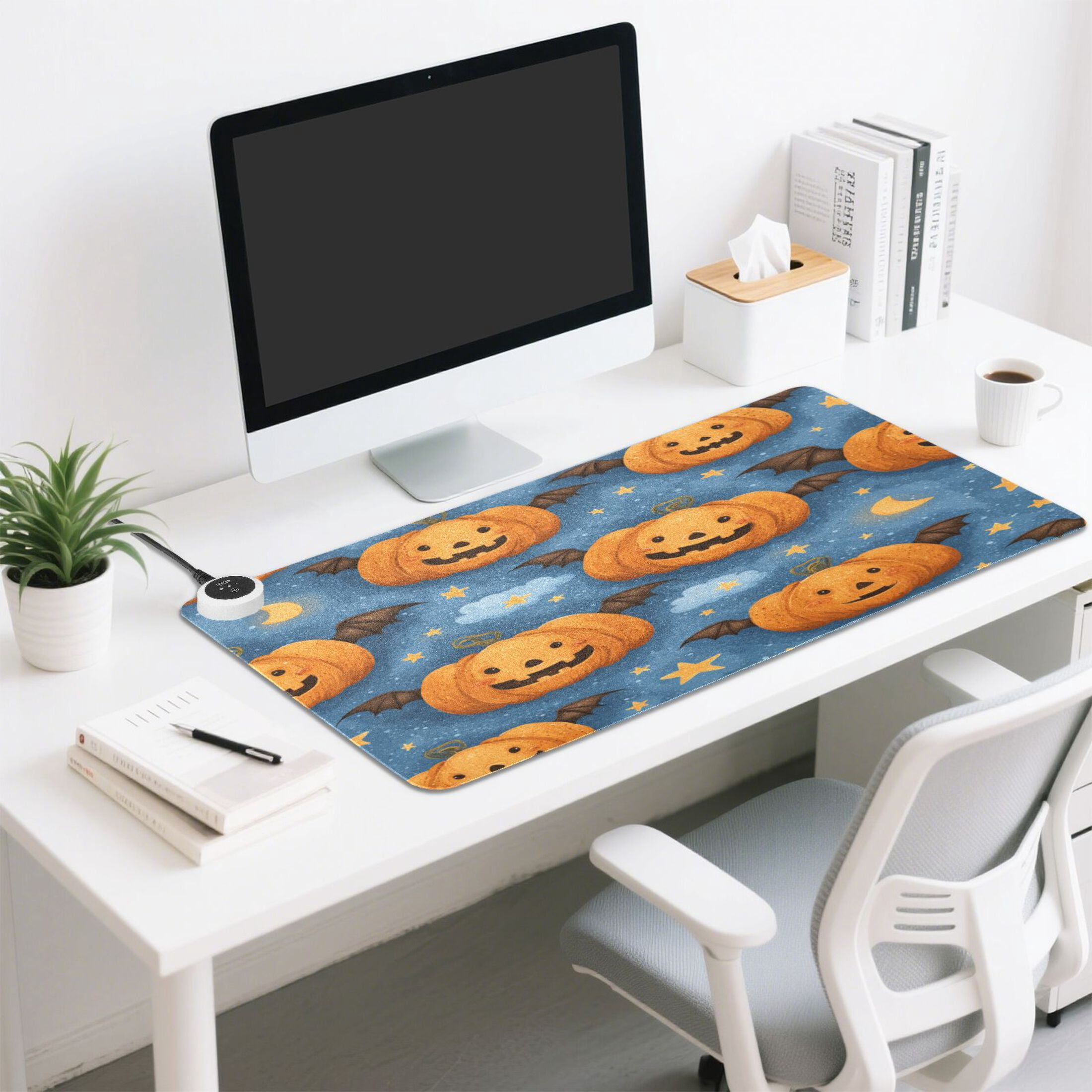 Large Heated Desk Mat Mouse Pad 31.5"x13"PU Leather Graphene Heating Desk Warmer with 3 Temperature Settings 110V US Plug Non-Slip Warm Pad for Home, Office, and Gaming Spooky Evil Pumpkin Designs
