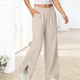 thumbnail image 6 of Feancey Cotton Linen Straight Leg Pants for Women Lace Trim Side Split Lounge Trousers Elastic High Waisted Full Length Trousers Beach Vacation Outfit Beige L, 6 of 8
