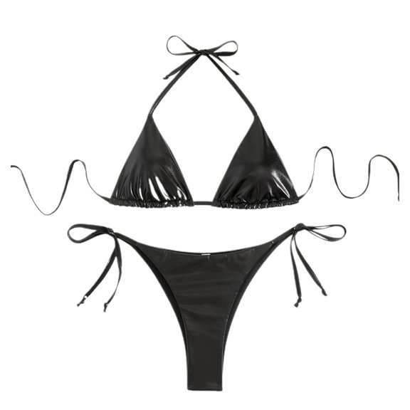 SWSMCLT Women's 2 Piece Bikini Set Sexy Swimsuit Halter Brazilian String Metallic Tie Up Bathing Suit Adjustable Swimwear Black Medium