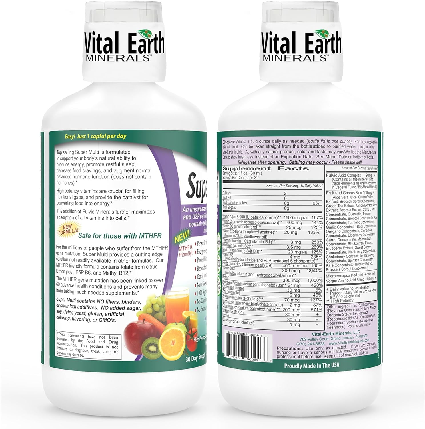 Vital Earth Minerals Super Multi Liquid Vitamins 32 Fl. Oz. - 1 Month Supply- High Potency - MTHFR Friendly- Vegetarian - Liquid Multi Vitamin Supplement with Ionic Fulvic Minerals