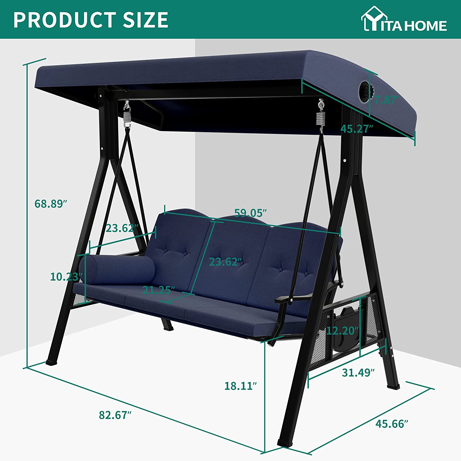 Dextrus Outdoor Patio Swing Chair, 3 Person Porch Swing with Adjustable Canopy, Removable Cushion,Suitable for Garden, Poolside, Balcony,(Navy)